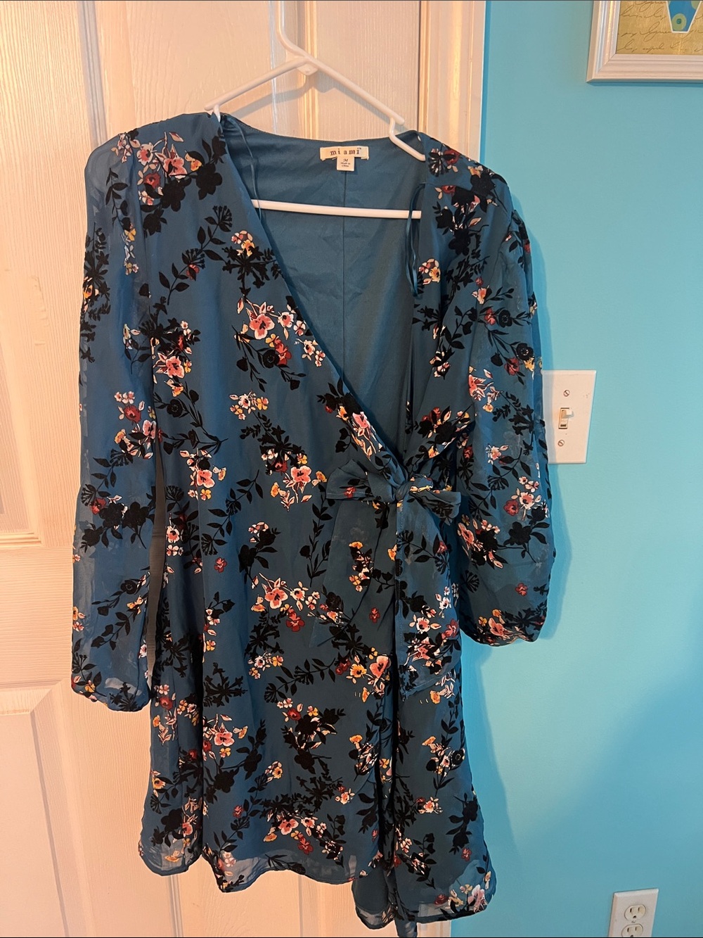 Blue Floral Wrap Dress with Tie Waist